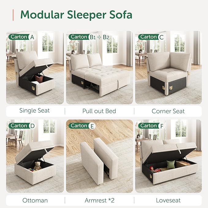 HONBAY Modular Sectional Sleeper Sofa with Pull Out Bed, Pull Out Bed for Sectional Couch, Beige