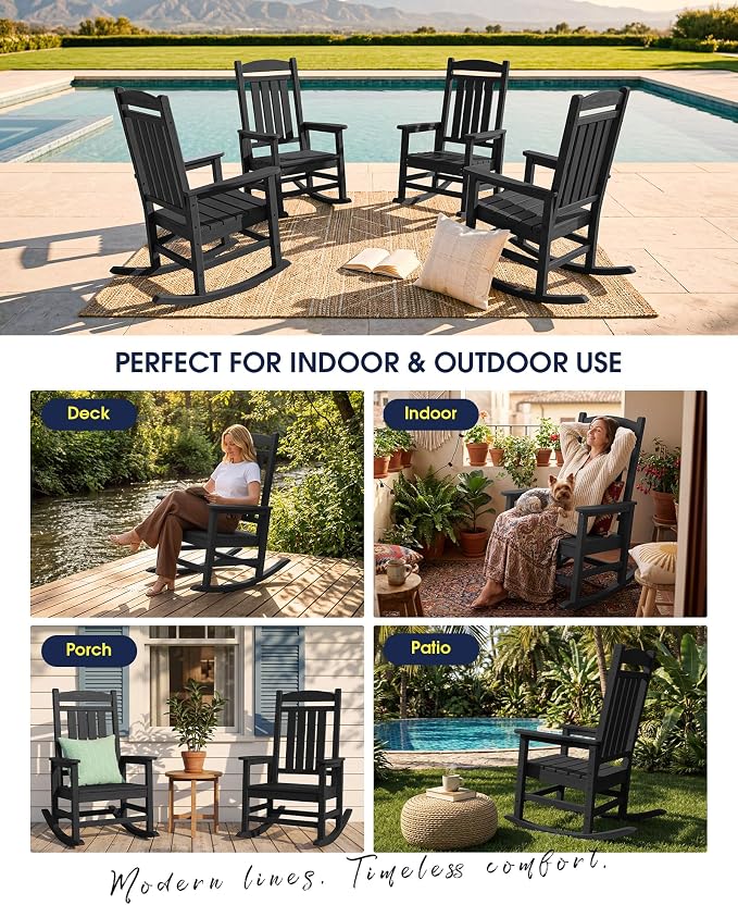 KINGYES Oversized Outdoor Rocking Chair Set of 4, High Density Polyethylene Patio Rocking Chairs with 330lbs Support for Adults, Black - Image 8