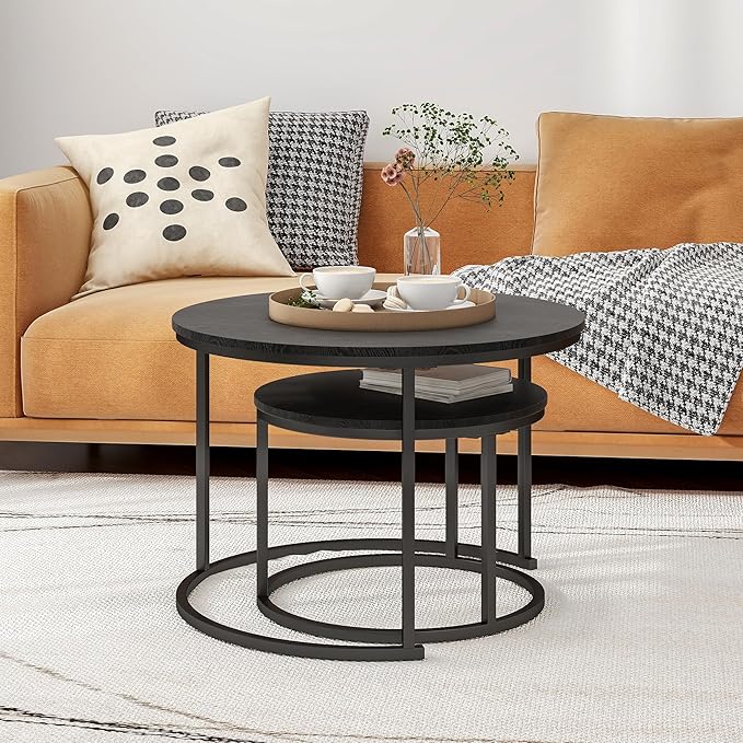 HOJINLINERO Round Coffee Table,Nesting Coffee Table Set of 2,Center Tables for Living Room,Office, Home Small Space,Stacking Side Tables,Sturdy and Easy Assembly,Wood Desktop,Black,Large