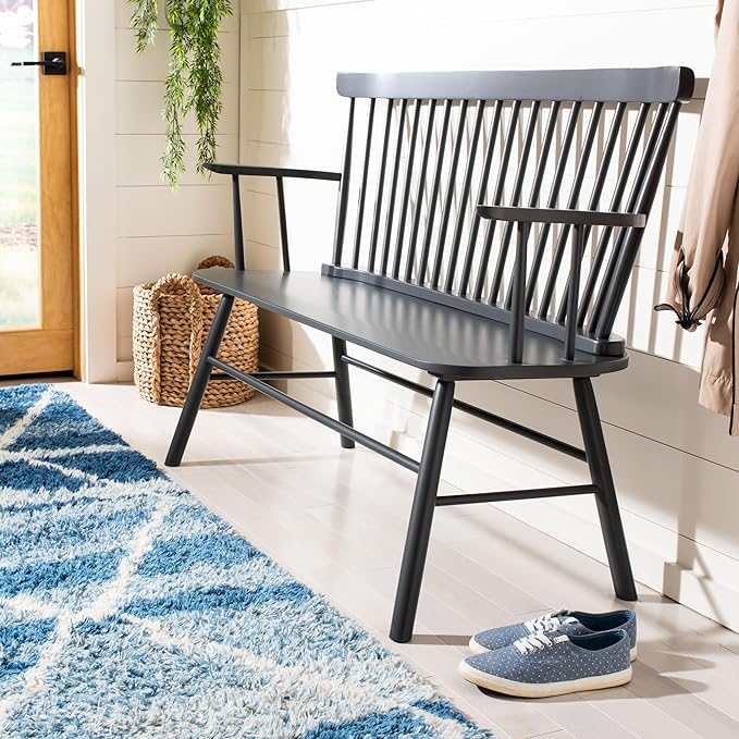 SAFAVIEH Home Collection – Addison Grey Solid Wood Spindle Back Loveseat Bench, Farmhouse Settee for Entryway Living Room or Dining Area (AMH8513C)
