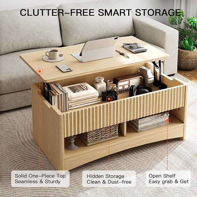 Amada Lift Top Coffee Table with Storage Shelf & Hidden Compartment, Modern Fluted Rectangle Dining Table for Living Room, Home Office,Natural Oak