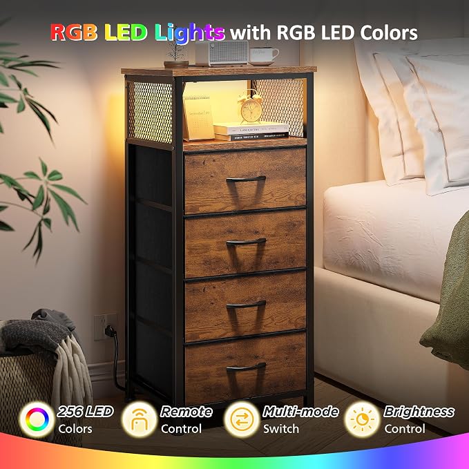 EnHomee Nightstand Set of 2, Night Stand with Charging Station & LED, Bedside Table with Fabric Drawers and Storage Shelf, Sturdy Steel Frame, Wood Top, Cloth Bags, Hooks, Brown - Image 4