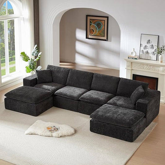Cloud Modular Sectional Couches Boneless Sofa for Living Room, 138" Oversized U Shaped Corner Couch with Movable Ottomans, Memory Foam Compressed 6 Seater Sofa for Living Room | Plush, Wider Armrest, Free Combination