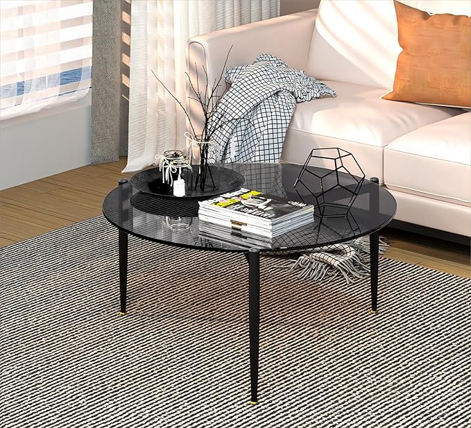 Round Tempered Glass Table 31.5 inch Large Circle Top Metal Frame Grey