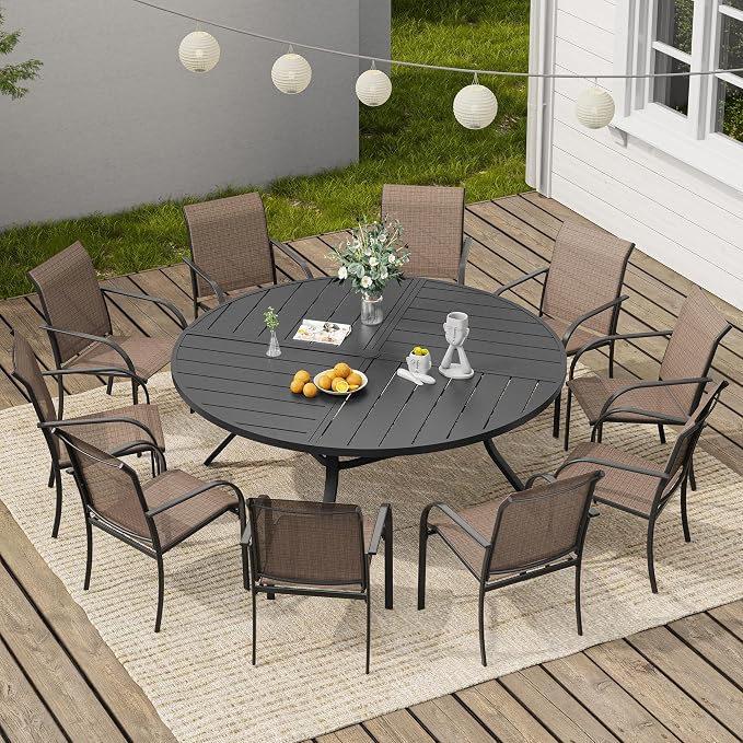 VICLLAX 11 Pieces Round Patio Dining Set, Patio Furniture Set of 10 Patio Stackable Dining Chairs and 63" Outdoor Spliced Tabletop with Umbrella Hole, Brown Chairs and Black Table by HOME