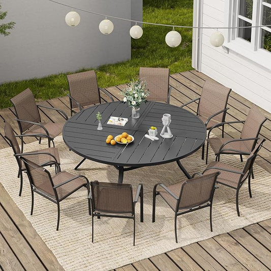 VICLLAX 11 Pieces Round Patio Dining Set, Patio Furniture Set of 10 Patio Stackable Dining Chairs and 63" Outdoor Spliced Tabletop with Umbrella Hole, Brown Chairs and Black Table by HOME