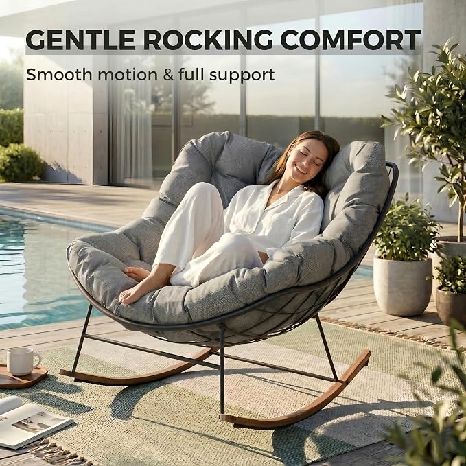 Grand patio Outdoor Rocking Chair, Oversized Papasan Rocking Chair with Thick Cushion, Indoor Outdoor Cozy Rocker for Balcony, Living Room, Patio, Gray - Image 4
