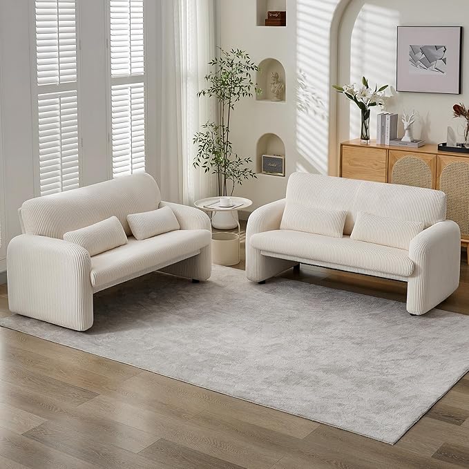 WUTUTUEE Corduroy Accent Living Room Sets, Modern Upholstered Love Seat with 2 Accent Chairs, Wide Comfy Leisure Chair Sets for Bedroom, Office, White