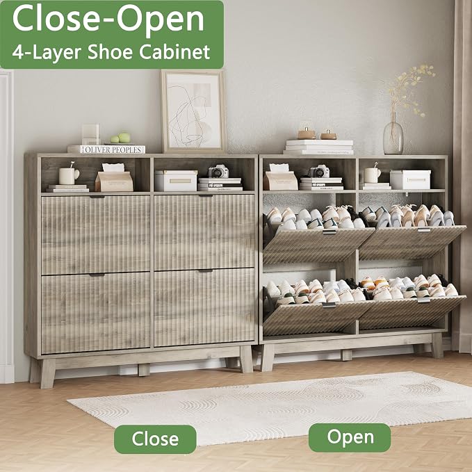 Xixini Shoe Cabinet with 4 Flip Drawers, 46" Tall Narrow Fluted Shoe Storage Organizer for Entryway, Hidden Slim Wooden Shoe Rack Cabinet for Front Door Entrance, Hallway, Living Room, Light Grey - Image 5