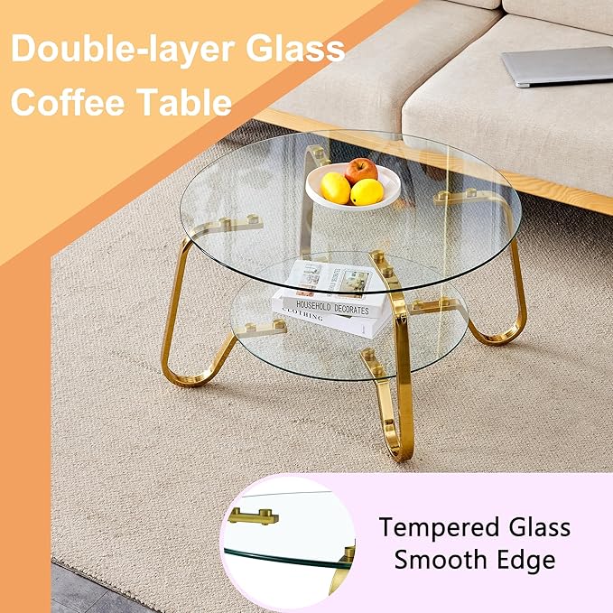 Glass Round Coffee Table for Living Room, 31.5 Inch Tempered Glass Top & Sturdy Metal Frame with Storage Shelf, Modern Small Center Table with 200lb Capacity, Quick & Easy Assembly