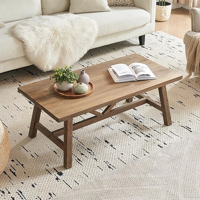 Wnutrees Farmhouse 43" Coffee Table,Solid Wood Center Tables for Living Room and Office, Rustic Wooden Rectangular Table with V-Shaped Support, Natural
