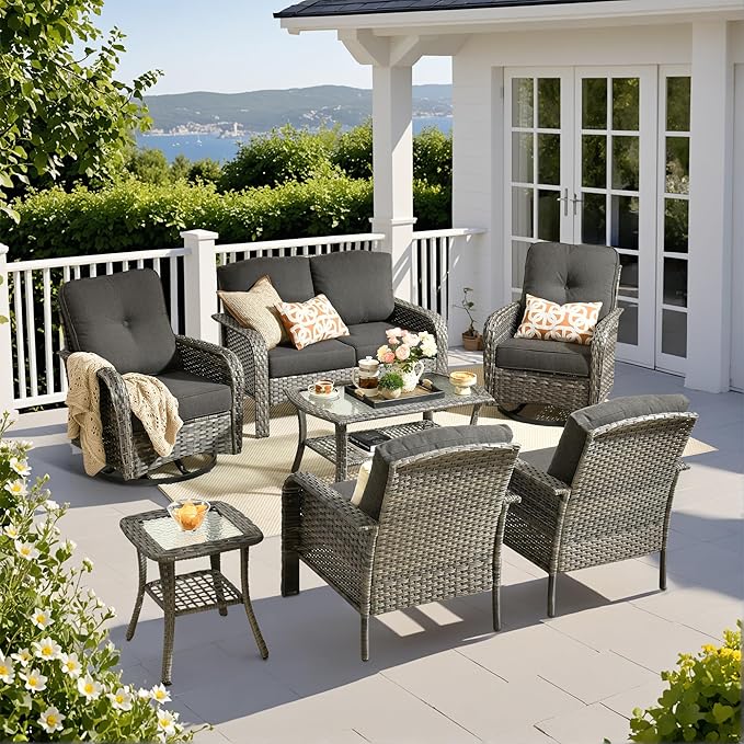 Weaxty 7 Pieces Patio Furniture Set,Wicker Outdoor Swivel Rocking Chairs,Rattan Loveseat Couch,Coffee Table,Patio Sofa Conversation Sets for Deck Backyard Porch Poolside, Black