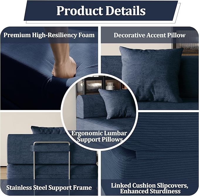 31.5'' Convertible Compressed Corduroy Folding Cloud Sofa Bed Set of 2, 2 Pieces Modern Boneless Pull Out Sleeper Sofa Couch, 3 in 1 Portable Floor Lounge Chair Set, No Assembly Needed, Navy Blue