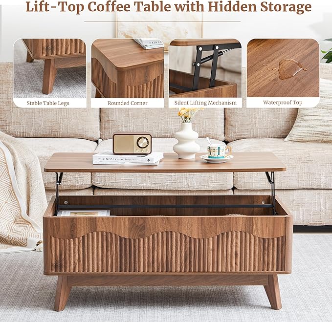 BERRYMERRY Lift Top Coffee Table with Hidden Storage, Farmhouse Fluted Coffee Table with Wave Profile, Rising Top Rectangular Center Table for Living Room (Walnut)