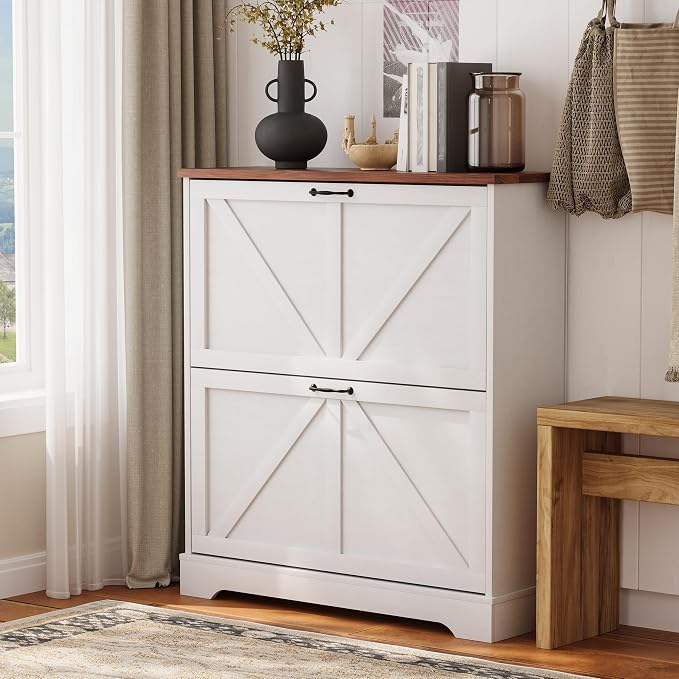 Semiocthome Farmhouse Shoe Storage Cabinet with 2 Flip Drawers, 31.5"(W) Freestanding Shoe Organizer with Barn Door and Metal Handles for Entryway, Rustic Narrow Slim Shoe Rack Cabinet - White by Semiocthome
