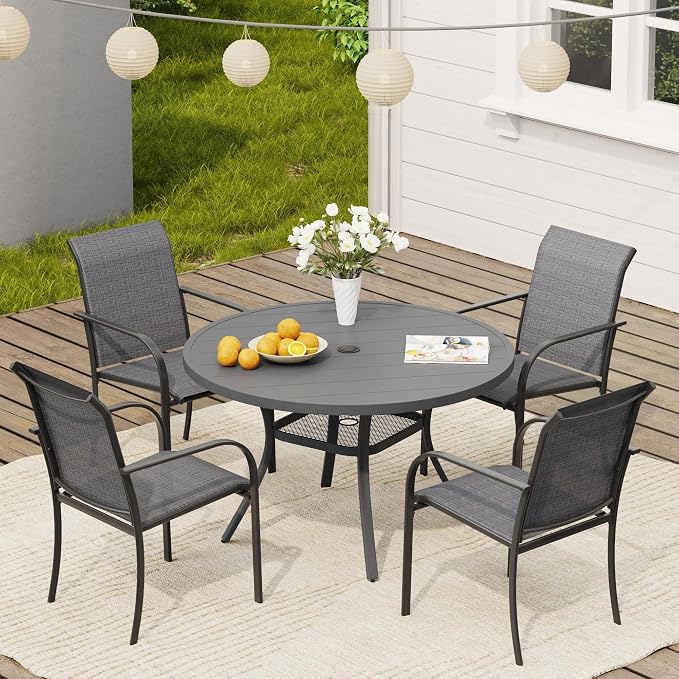 VICLLAX Round Outdoor Dining Set, Patio Table and Chairs Set Set of 4 Patio Stackable Chairs and 40.6" Outdoor Round Table with Umbrella Hole for Lawn Garden, Dark Grey Chairs and Dark Grey Table by HOME