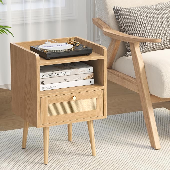 MECHYIN Nightstand with Charging Station & Rattan Decor Drawer, Boho Bedside End Table, Bed Side Table with Open Storage for Apartment Bedroom Living Room Dorm - Image 5