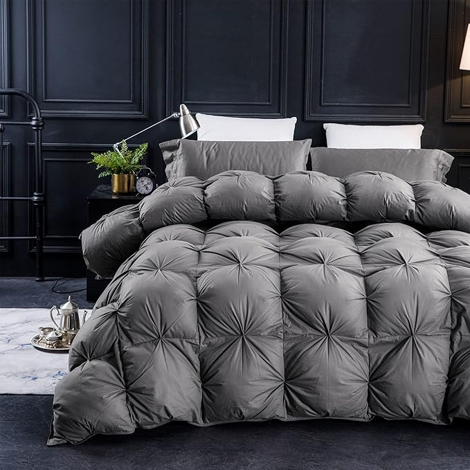 Three Geese Pinch Pleat Waterfowl Feathers and Down Comforter Cal King Size Duvet Insert,750+ Fill Power,1200TC 100% Cotton, Premium All Seasons Gray Warm Hotel Comforter with 8 Tabs.