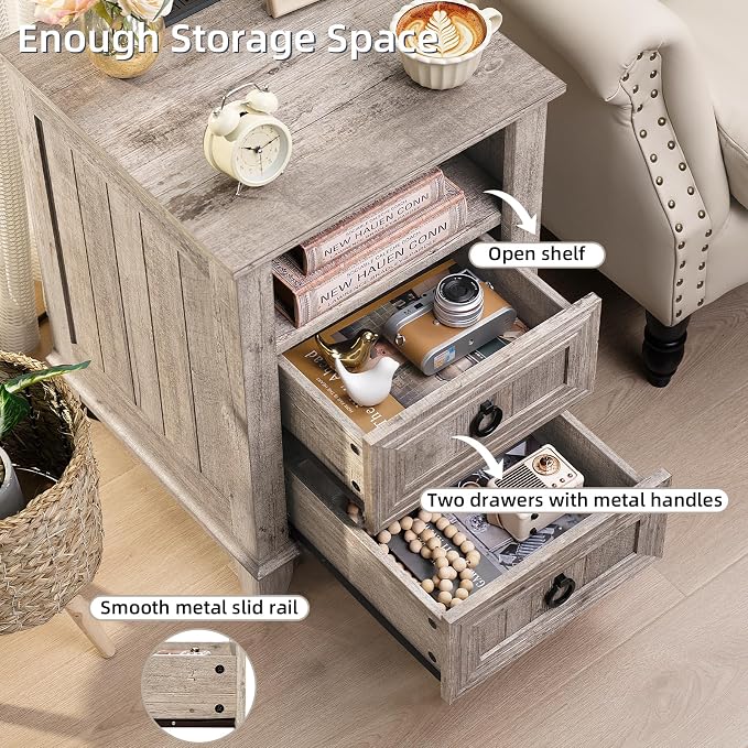 Joaxswe 18" Farmhouse Night Stand with Charging Station, 2 Drawers End Table Dresser for Bedroom, Oak Wooden Nightstand, Bed Side Table with Open Shelf, Bedside Cabinet for Living Room, Closet - Image 5