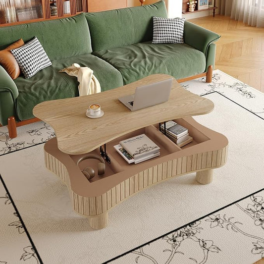 Cloud Lift Top Coffee Table with Storage, 42.52" Modern Lrregular Fluted Coffee Tables with Lifting Top,Cute Low Center Tables for Living Room, Apartment or Office-Natural