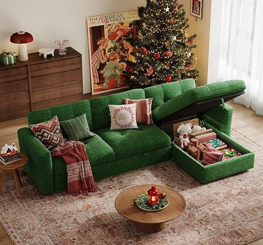 118" Oversized Modular Sofa with Storage, L Shaped Sectional Couch with Chaise and Adjustable Armrest, Comfy Chenille Cloud Couches for Living Room Apartment, Green