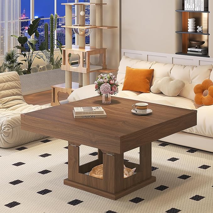 Square Coffee Table, Wood Coffee Table with Storage, Farmhouse Cat House Low Center Tables Cocktail Table for Living Room, Rustic Brown