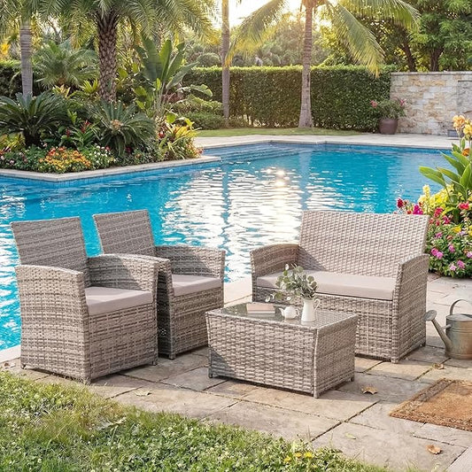 Patio Outdoor Furniture 4 Pieces Sectional Sofa Set Balcony Furniture Wicker Rattan Chairs with Table and Loveseat for Garden, Porch, Backyard, Gray Wicker/Gray Cushion