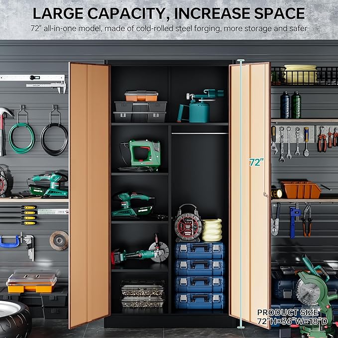 Metal Wardrobe Cabinet with Lock,72" Armoire Closet with Hanging Rod,Lockable Storage Locker,Storage Cabinet with Locking Doors,Garage Locker,Steel Wardrobe for Home,Bedroom,Office,Employee,Shop