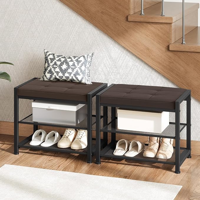 HOOBRO Small Shoe Bench, 3-Tier Shoe Rack, Shoe Storage Bench with PU Seat Cushion, Entryway Shoe Rack Bench with Metal Mesh Shelves, Freestanding Shoe Organizer for Hallway, Brown CB33HX01 - Image 4