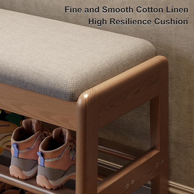 AQIMUELE Shoe Rack Bench,2 Tiers Shoe Bench with Storage with Flip-Top,Wood Shoe Rack for Entryway,Hallway(Walnut Upholstered Seat,11.8" D x 39.3" W x 15.7" H - Image 4