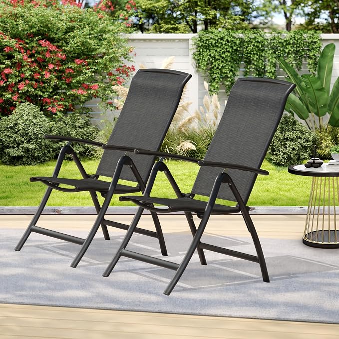 Domi Folding Patio Chairs Set of 2, Aluminium Frame Reclining Sling Lawn Chairs with Adjustable High Backrest, Patio Dining Chairs for Outdoor, Camping,Porch,Balcony(Textilene Fabric) by domioutdoorliving