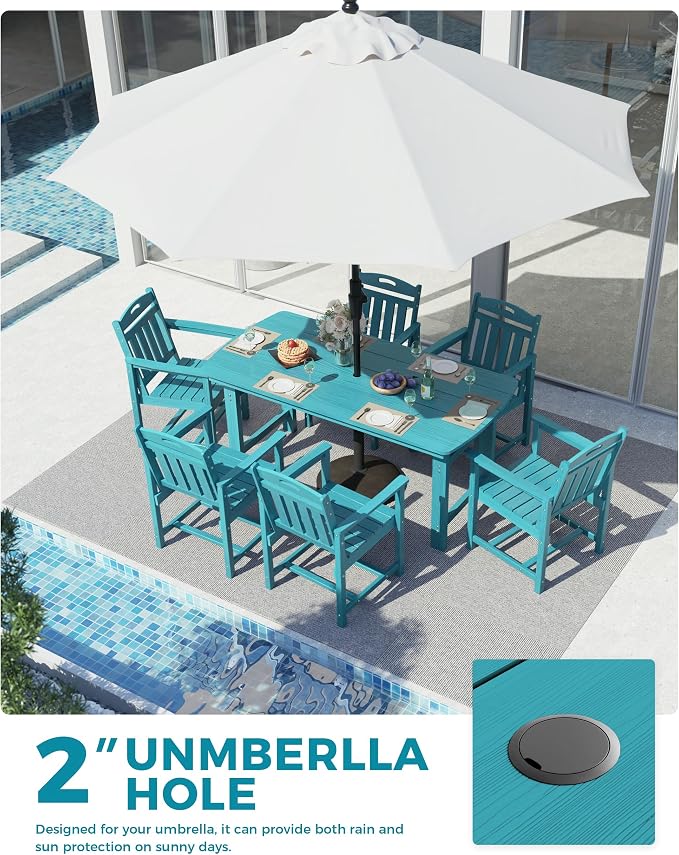 Ciokea HDPE Outdoor Dining Table with Umbrella Hole,66" Rectangle Patio Table for 6,All-Weather Outdoor Patio Furniture Set for Garden Backyard, Lake Blue - Image 3