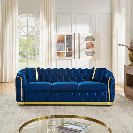 KEIKI 85" Luxury Oversized Velvet Chesterfield Sofa with 2 Pillow & Gold Stainless Decoration, Italian Modern Style 3-Seater Button Tufted Couch with Rolled Arms, Easy Assembly, for Living Room, Navy