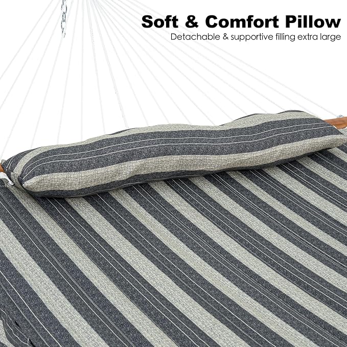 GAFETE Hammock 2 Person Quilted Fabric Hammocks for Outside, Double 12ft Hammocks with Spreader Bar, Large Removable Pillow, Storage Bag, Carabiners, Max 475 lbs Capacity (Mountain Mist Gray) - Image 3
