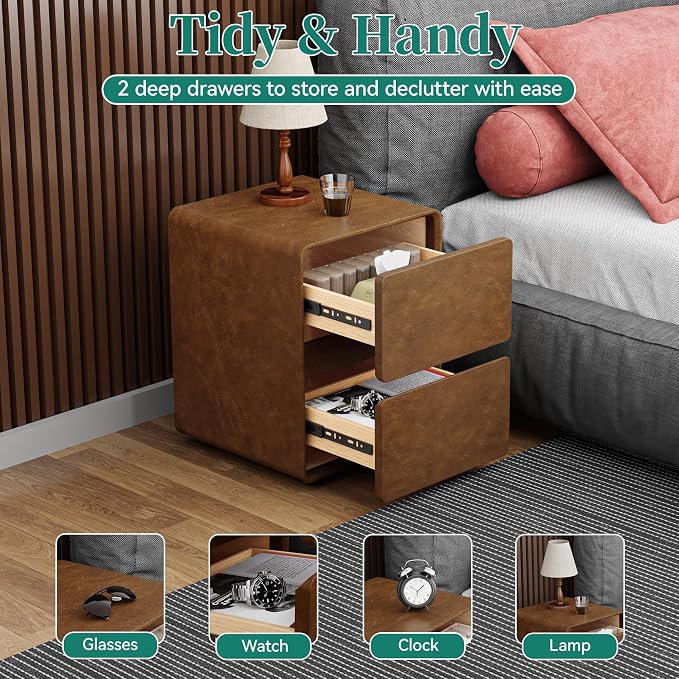 15.8" W Leather Narrow Nightstand Set of 2, Modern Fully-Assembled Bedside Table with 2 Drawers, Night Stand Small End Table & Side Table for Bedroom, Brown - Image 5