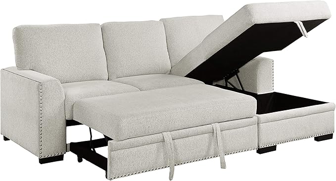 Lexicon Mid Century Modern Sectional Sleeper Sofa Bed Couch with Storage Chaise, Sectional Sofa Pull Out Couch Bed, Sectional Couch Lounge Sofa for Living Room Apartment, Right Side Chaise, Beige