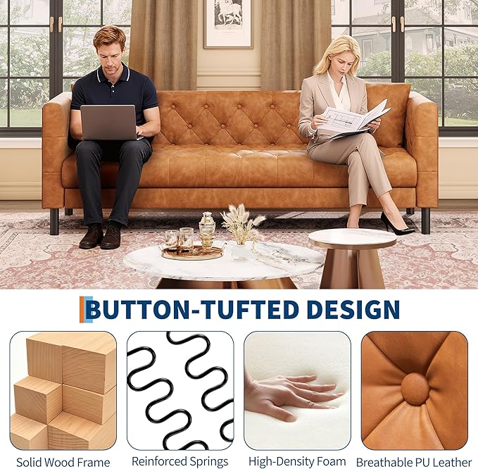 IDEALHOUSE 81" Mid Century Modern Leather Sofa, 3 Seater Chesterfield Couch with Button Tufted Back & Deep Seat, Upholstered Living Room Sofa for Apartment or Office, Cognac Tan