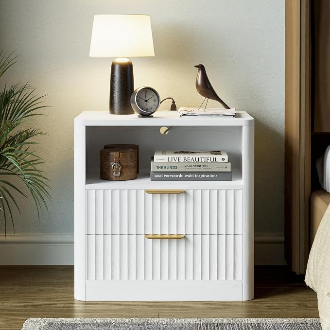 IRONCK Fluted Night Stand Set of 2, Modern Nightstand with Charging Station, Drawers and Open Shelves - Bedside Table Wood Side Table Set for Bedroom, White - Image 5