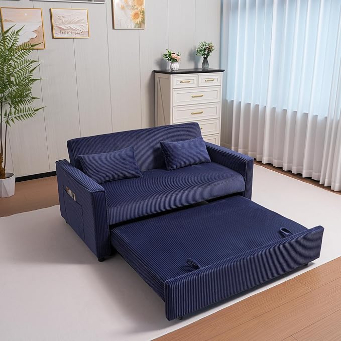 Ball & Cast 55" 3 in 1 Loveseat Futon Sofa-Bed,Convertible Pull Out Couch,Corduroy Upholstered Sleeper Sofa Bed with Adjustable Backrest,Side Pocket and 2 Pillows,Chaise Lounge for Living Room,Blue