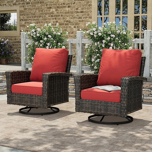 HERA'S HOUSE Outdoor Swivel Chairs with 5.5" Thick Cushions, 35" High Back Patio Furniture Sets, Oversized Wicker Rattan Chairs for Deck Balcony Backyard, Red