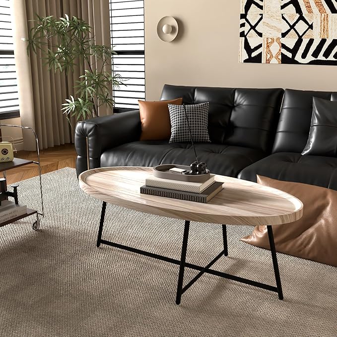 Modern Coffee Table, Oval Wood Coffee Tables Center Table with Metal Leg for Living Room, 47 Inch Living Room Table Accent Furniture (Oval Coffee Table, Nature)