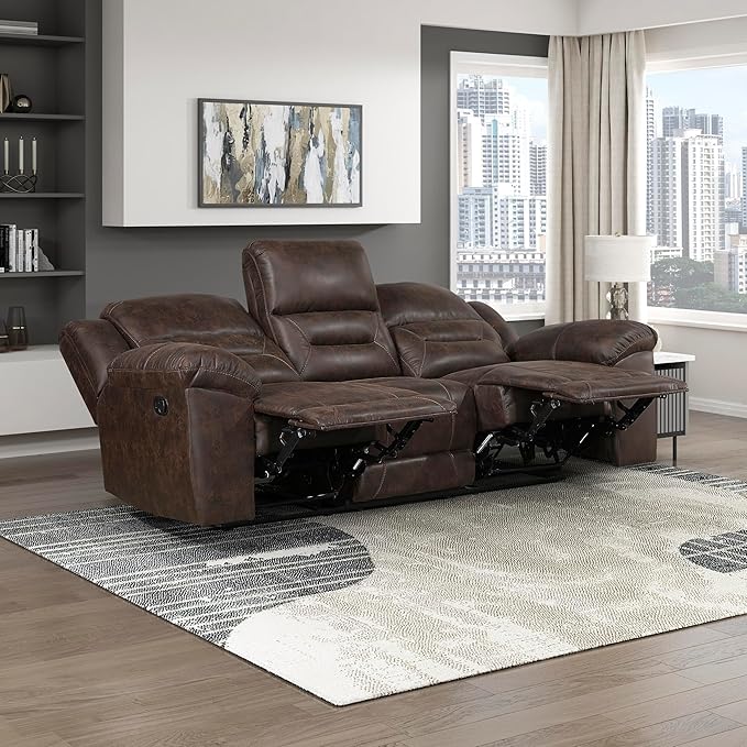 Lexicon Double Recliner Sofa for Living Room, Wall Hugger Manual Reclining Couch Sofa, Textured Microfiber Upholstered Dual Reclining Sofa, Home Theater Seating, Required Assembly, Dark Brown