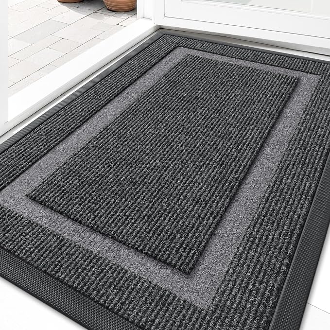 OLANLY Front Door Mat Indoor Outdoor Entrance, Waterproof All-Season, All-Weather Doormat, Sturdy Natural Rubber, Fade Resistant, Low Profile, Easy Clean Patio Porch Entryway Mat, 33x21, Grey by OLANLY