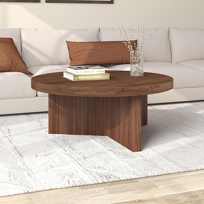 Henn&Hart 36" Fluted Round Low-Profile Coffee Table with Ribbed Pedestal Base Living Room, Family Room, or Office, Medium Walnut