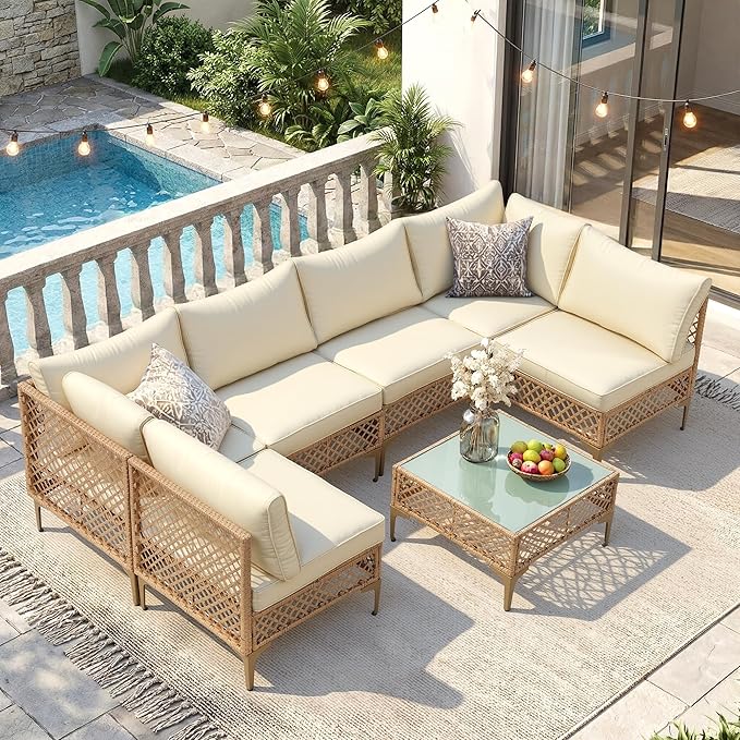 FHFO 7 Piece Patio Furniture Set, Outdoor Wicker Modular Sectional Patio Conversation Set with Thicker Cushion & Tempered Glass Coffee Table for Backyard, Poolside, Porch (Yellow/Beige)