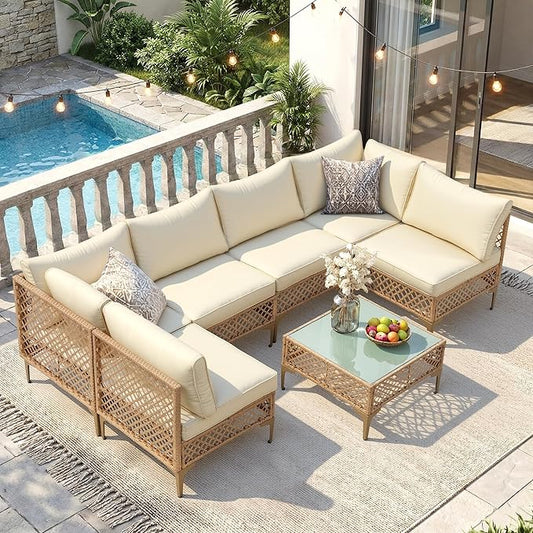 FHFO 7 Piece Patio Furniture Set, Outdoor Wicker Modular Sectional Patio Conversation Set with Thicker Cushion & Tempered Glass Coffee Table for Backyard, Poolside, Porch (Yellow/Beige)