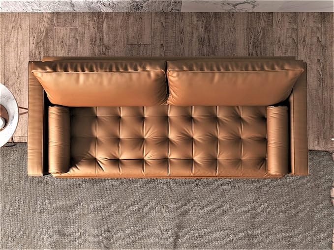 Womble Mid Century Modern Couch with Bolster Pillows, PU Leather Upholstered Tufted Seat, Versatile Retro Design for Comfortable Living Spaces, Loveseat, Coffee Brown