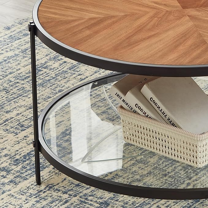 32" Round Glass Coffee Table with Glass Bottom, Black Circle Center Coffee Table with Wood Top ＆ Metal Frame, Small Table for Living Room, Apartment (32" Dx32 Wx18 H, Black)