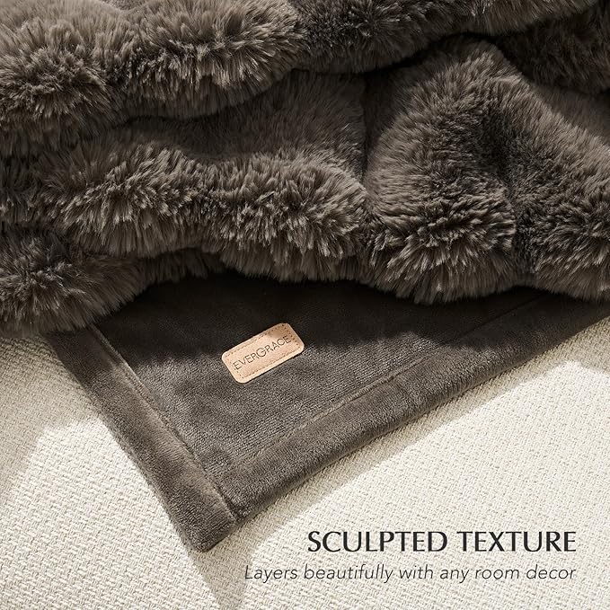 EverGrace Ultra Soft Luxury Fluffy Faux Rabbit Fur Throw Blanket, Thick Warm Bubble Throw for Bed, Cozy Plush Reversible Blankets for Couch, Chair, Sofa, Dark Taupe, 90x90 Inches