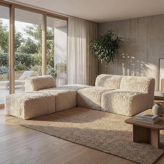 Furniture of America Havyn Modern Faux Fur 5-Seater L-Shaped Modular Armless Foam Sectional Sofa with Ottoman, Compressed Couch in a Box, No Assembly Required, for Living Room and Office, Sand
